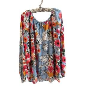 Light Blue Floral Peasant Blouse Long Sleeve Romantic Boho Top 2X